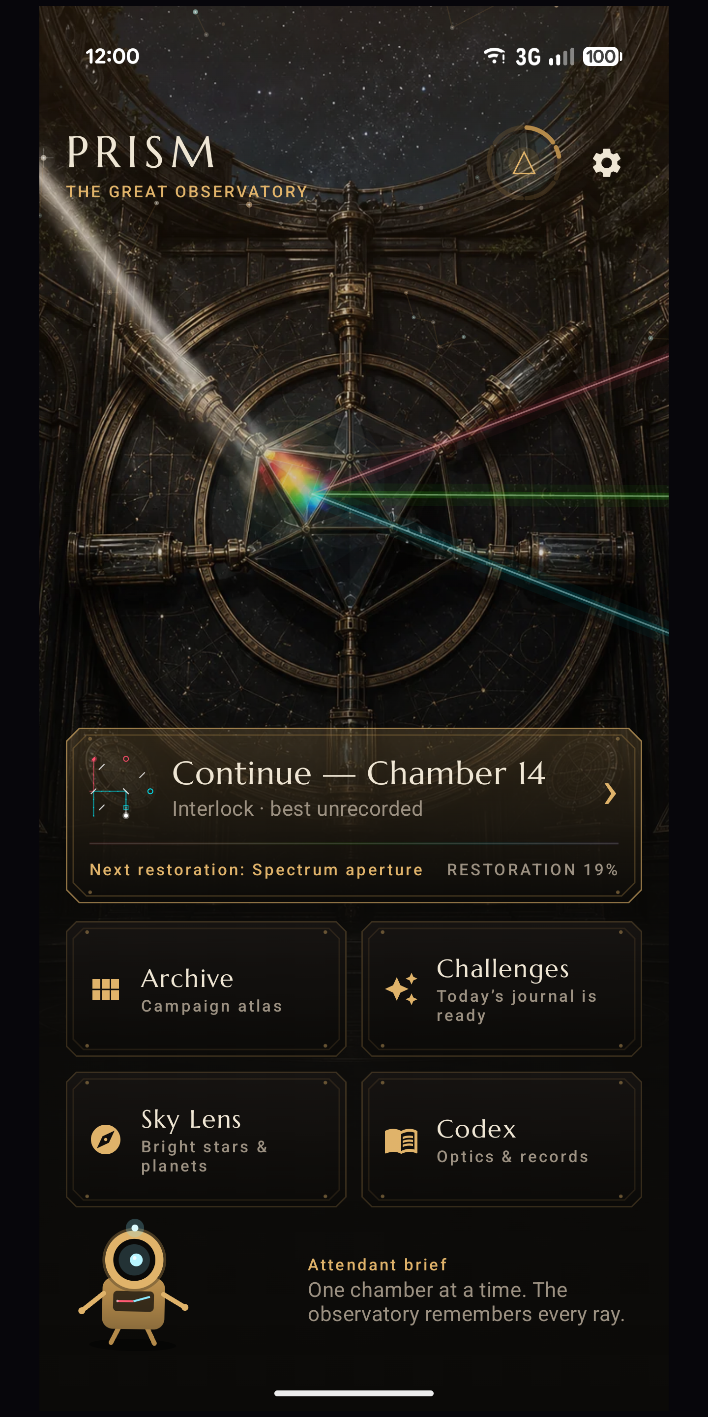 Home screen — the Great Observatory with restoration progress
